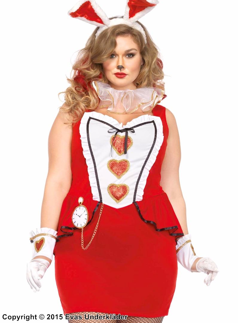 Weiblicher Weißer Hase aus Alice im Wunderland, Kostüm-Kleid, Rüschen, Herzen, XL bis 4XL